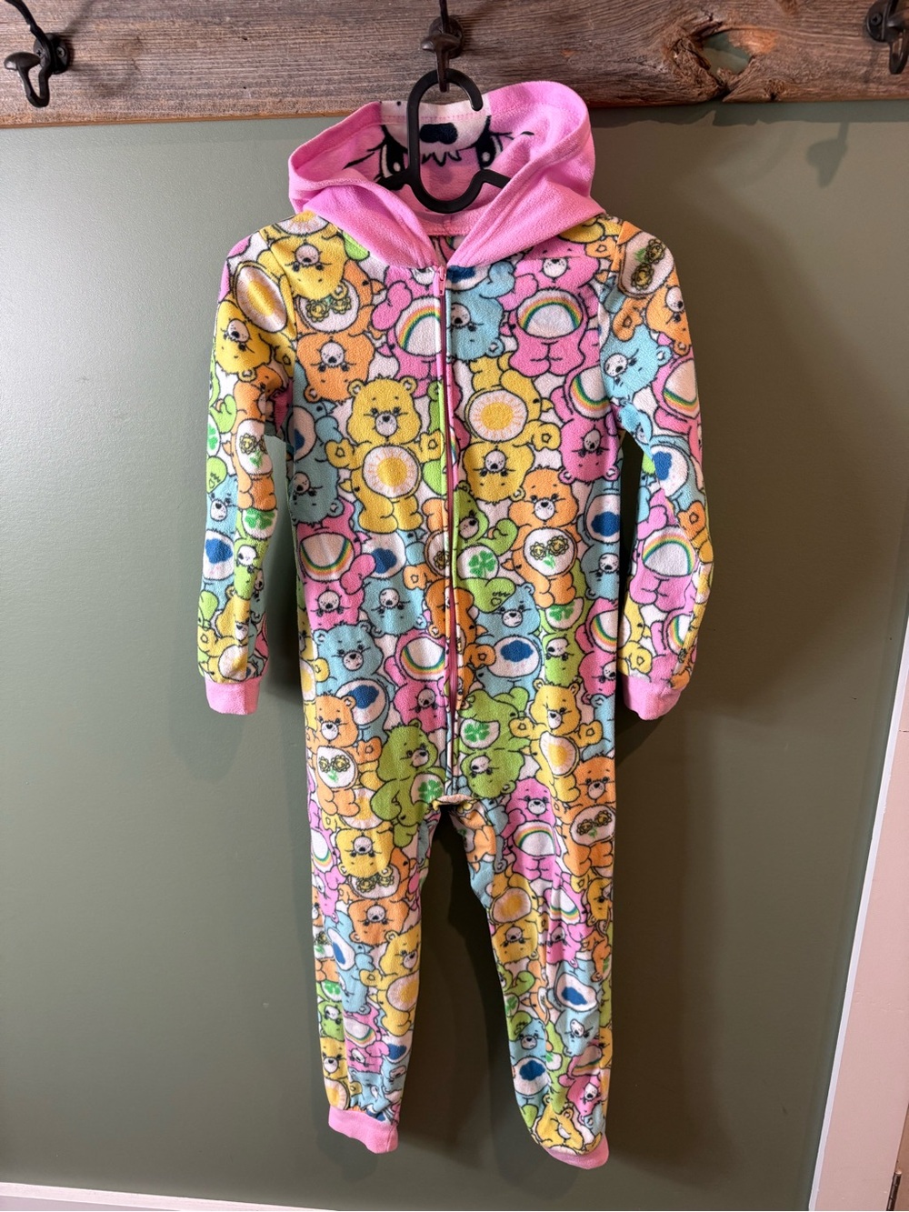Kids Pink Multi Care Bears Fleece One-Piece Hoodie Pajamas